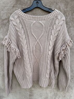 Everly Taupe Cable Knit Fringe Crewneck Sweater